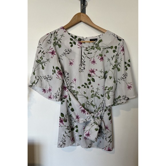 Ann Taylor White Floral Print Tie Front Key Hole Short Sleeve Blouse Siz… - Picture 1 of 9